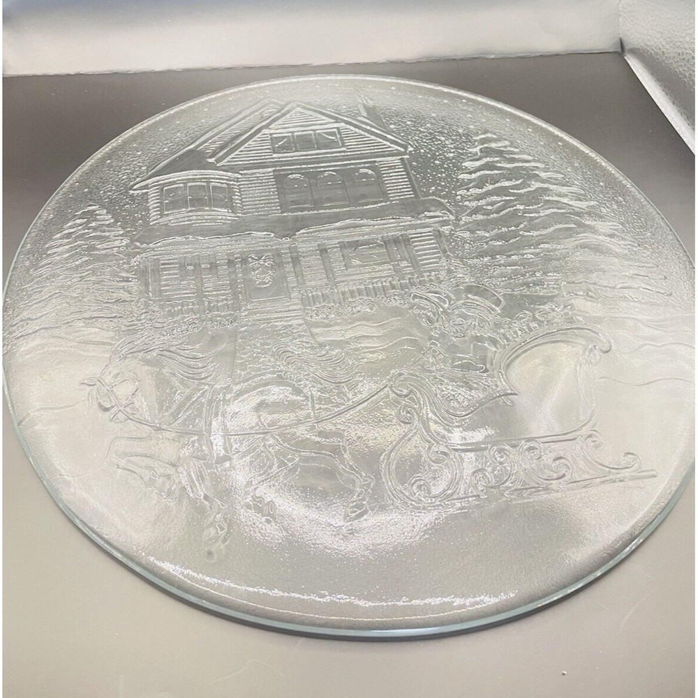 Libbey Clear Glass Christmas Winter Sleigh Ride Scene Serving Platter Plate 12”